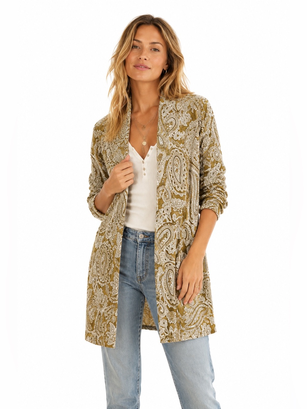 Vtg Sarah Elizabeth Velvet Burnout Paisley Duster 10 Cardigan Tan Boho Chic